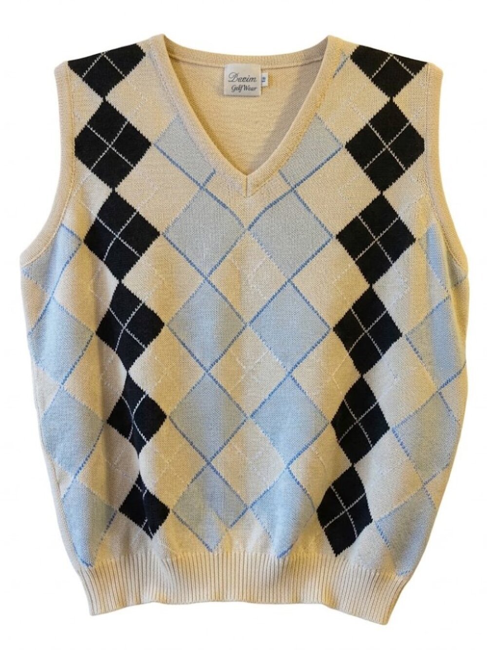 Vintage Classic Dexim Golf Wear Cream & Black Argyle V-Neck Knit Sweater Vest Si